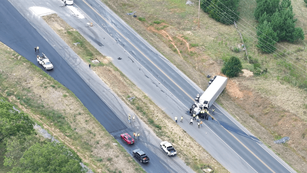 The scene of an overturned tractor trailer Tuesday afternoon. (Contributed)