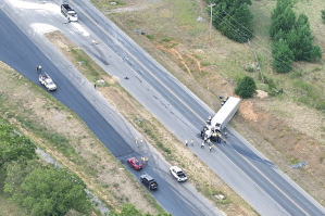 The scene of an overturned tractor trailer Tuesday afternoon. (Contributed)